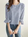 Plaid Ruffle Sleeve Round Neck Casual Blouse