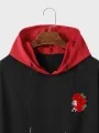 ChArmkpR Mens Japanese Rose Print Contrast Patchwork Drawstring Hoodies