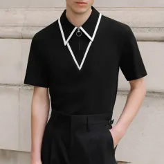 INCERUN Mens Fashion Design Spliced Collar Shirt Comfortable Fabric Short Sleeve Zipper Lapel Top for Male S-5XL