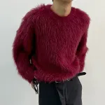 INCERUN Men's Solid Color Sweater Casual Comfy Oversized Faux Fur Long Sleeve Sweater Plus Size Crew Neck Pullover Sweater for Men Fall Winter