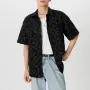 INCERUN Mens Shirt Fashion Embossed Floral Print Tops Black Short Sleeve Shirt