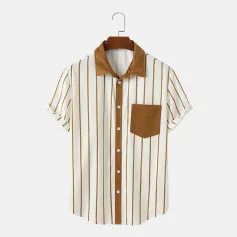 ChArmkpR Mens Striped Shirts Casual Chest Pocket Button Up Corduroy Short Sleeve Shirts
