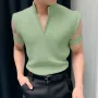 INCERUN Mens Solid Knit Textured Notched Neck T-Shirt Comfortable Stand Collar Short Sleeve Top for Male