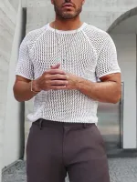 Mens Hollow Round Neck Short Sleeve T-Shirt