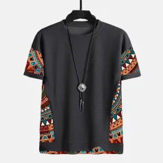 ChArmkpR Mens Ethnic Geometric Pattern Stitching Texture Short Sleeve Streetwear T-Shirts