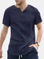Men's Summer Linen V Neck Henley Tops Casual Fit Shirts Beach Yoga Button Shirts