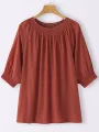 Solid Shirred Half Sleeve Crew Neck Loose Blouse