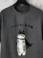 Mens Japanese Cartoon Cat Print Crew Neck Short Sleeve T-Shirts