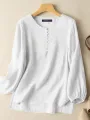 Solid Slit High-low Hem Crew Neck Long Sleeve Blouse