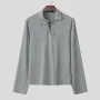 INCERUN Mens Lace-Up Cross V-Neck Long-Sleeve T-Shirt Comfortable Soft Fabric Solid Color Tshirt Top for Male