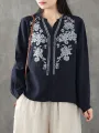 ZANZEA Plus Size Women Cotton Linen V-Neck Embroidery Patterns Casual Loose Blouse