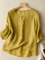 ZANZEA Women Daily Casual 3/4 Length Sleeve Blouses Solod Color Shirts