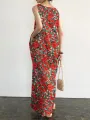 Pocket Floral Print Round Neck Sleeveless Maxi Dress