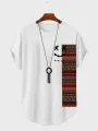 ChArmkpR Herrar Smile Ethnic Geometric Prenta Bútasaumur Boginn Hem Stutt erma Stuttermabolir