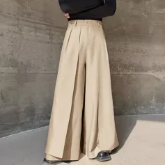 INCERUN Men Trendy Layered Skirt Pants Loose Fit Casual Comfortable Wide Leg Trousers with Side Pockets Plus Size