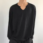 INCERUN Men Tshirt Comfy Loose Fit Long Sleeve T-Shirt Solid Color Notched Neck Knit Daily Casual T-Shirt