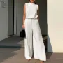 ZANZEA Women Vintage Casual Stand Neck Sleeveless Pleated Wide Leg Tops Trousers