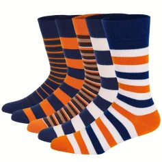 5pairs Men's Fun Dress Socks, Cotton Long Socks, Cool Funky Crew Socks For Men, Plus Size Colorful Striped Fun Novelty Socks