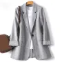 ZANZEA Plus Size Women's Stripe Panel Long Sleeve Button Front Lapel Blazer with No Pockets