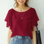ZANZEA Women's Blouse Elegant Ruffle Sleeve Solid Crew Neck Plain Summer Shirt Pullover Top