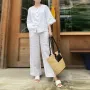 ZANZEA Women Vintage Crew Neck Long Sleeve Tops Elastic Waist Wide-Legged Pants Sets