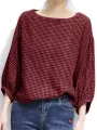 Check Pattern Puff Sleeve Crew Neck Casual Blouse