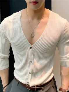 INCERUN Mens Shirt Solid Color Knitted V-neck Long Sleeve Top Shirts Casual Daily Men Streetwear Clothing