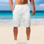 Men's Quick Dry Cotton Linen Shorts Summer Breathable Stripe Casual Gym Running Cargo Pocket Beach Five-point Pants Lightweight Comfortable