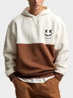 ChArmkpR Mens Smile Face Print Patchwork Casual Loose Drawstring Hoodies