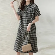ZANZEA Elegant Style Women's Dresses Daily Short Sleeve Lapel Plaid Loose Midi Shirt Dress
