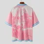 INCERUN Erkek Gömlek Moda Pembe Çiçekli Mavi Çizgi Patchwork Tasarım Yarım Kollu Gömlek Yaz Plaj Gömlekleri Üst