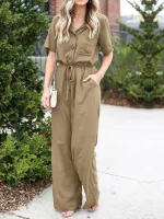 Women Button Front Camp Collar Cargo Style Short Sleeve Jumpsuits With Pocket