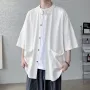 INCERUN Pria Katun Linen Lengan Pendek Kemeja Warna Solid Nyaman Longgar Kasual Kerah Berdiri Atasan untuk Pria Ukuran Besar Musim Semi Musim Gugur