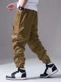 ChArmkpR Mens Solid Side Pocket Casual Drawstring Waist Cargo Pants