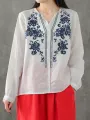 ZANZEA Plus Size Women Cotton Linen V-Neck Embroidery Patterns Casual Loose Blouse