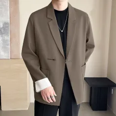 INCERUN - Blazer de manga larga con encaje y retazos con hebilla de metal para hombre, traje informal de color liso a la moda, prenda exterior