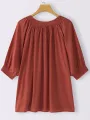 Solid Shirred Half Sleeve Crew Neck Loose Blouse