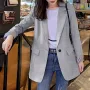 ZANZEA Plus Size Women's Stripe Panel Long Sleeve Button Front Lapel Blazer with No Pockets