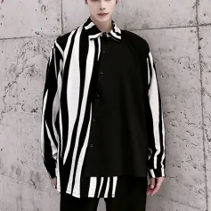 INCERUN Men Patchwork Zebra Stripe Shirt Fashion Slant Placket Casual Lapel Long Sleeve Shirt Loose Large Size Shirt S-5XL for Spring Fall