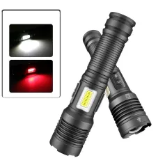 6502B XHP70 Super Bright Zoomable Power Bank LED Flashlight with COB Side Light Hunting Red Blue Light USB Rechargeable Lighting Electric Lamp Outdoor Fishing Camping Torch