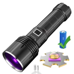 Powerful 4-core 365NM UV Flashlight With 26650 Battery High Power Black Mirror Purple Light Detection LED Torch Type-C Rechargeable 26650 Lantern