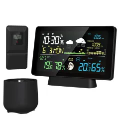 Multi-function Professional Weather Station Alarm Clock Wireless Indoor Outdoor Thermometer With Rain Gauge/ Temperature/ Humidity/ Rainfall Monitoring/ Atmospheric Pressure Intelligent Color Screen Clock