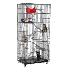 PawGiant Oversized 6 Tier Cat Cage 77\ Tall 1-5 Cats w/Hammock, Cat Bed & 5 Ramp Ladders 5 Platforms 3 Front Door Tray Cat Litter Playpen Cat House Pet Pen