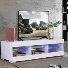 Woodyhome 57\ High Gloss TV Stand with LED Lights 6 Open Layers Cabinet Modern Storage Holder Entertainment for Home Living Room