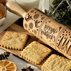 Rolo de massa de madeira com relevo, padrão de presépio, Natal, rolo de massa de madeira com 9 cenas diferentes para assar biscoitos em relevo