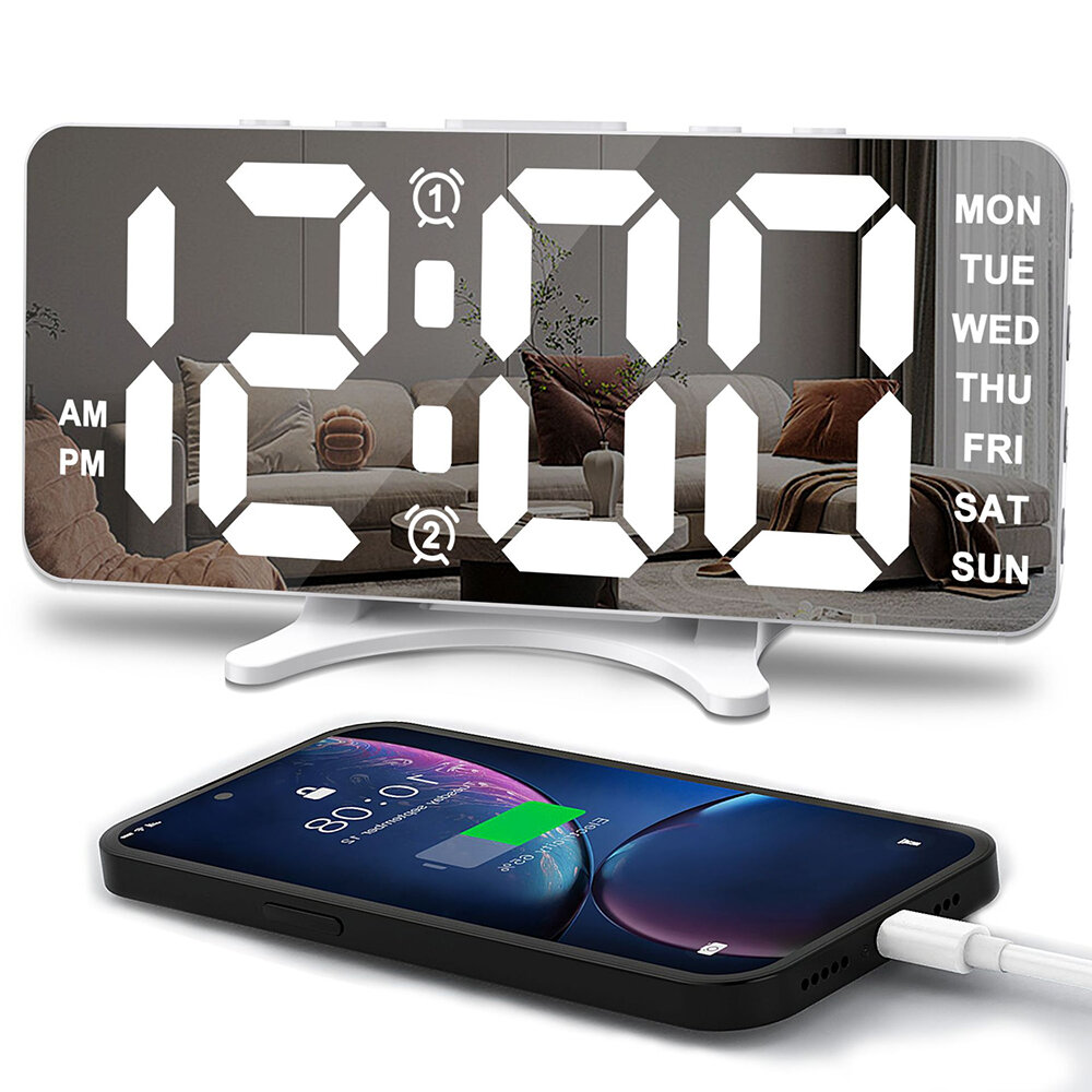Smart LED Mirror Digital Clock Alarm Clock LED Digital Clock Auto Dimming Mirror Rechargeable Digital Clock for Bedrooms 4 Level Brightness&2 Level Volume