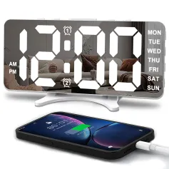 Smart LED Mirror Digital Clock Alarm Clock LED Digital Clock Auto Dimming Mirror Rechargeable Digital Clock for Bedrooms 4 Level Brightness&2 Level Volume