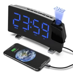 AGSIVO 8 Inch Projection Alarm Clock with 180° Rotatable Projector / FM Radio / Snooze / 3-Level Brightness Dimmer / Curved Clear LED Display / USB Charger For Bedroom Living Room