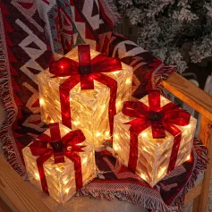 3 Sets Of Christmas Transparent Warm Light With Red Bow Christmas Gift Box LED Decorative Lights Warm Light for Christmas Tree Decorations