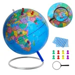 9 INCH World Globe for kids & adult, Classroom & Office Desk, Small Educational Globe with iron Stand for Kids Learning, HD colorful World Map, Magnetic Push Pins & magnifier & handkerchief, 360° Horizontal Rotation Homeschool World Globe Blue